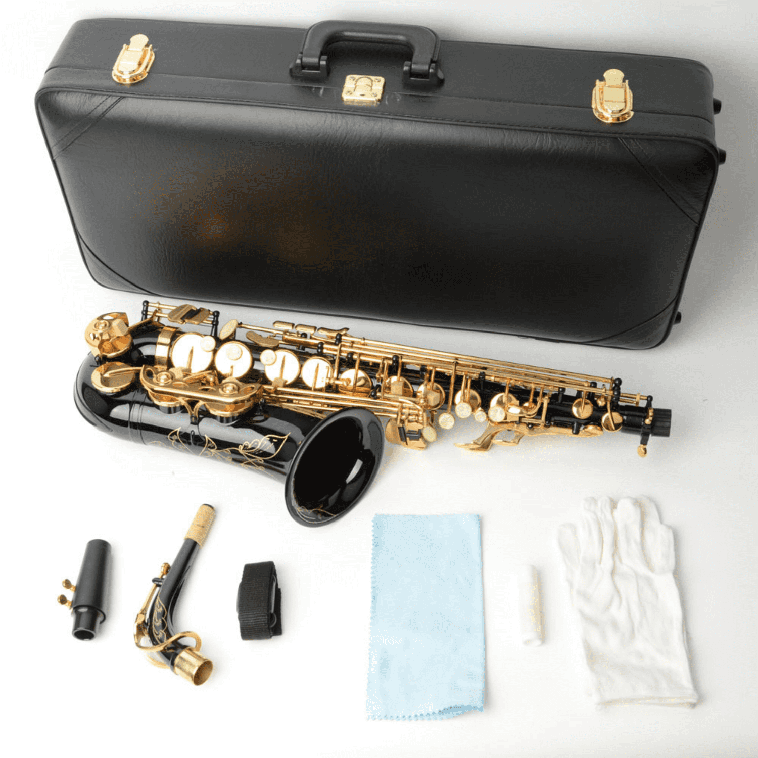 Hassch Brass Eb Saxophone with Box and Strap, Sax with Lubricants, Gloves, Cleaning Cloth and Cleaning Brush for Beginners, Black