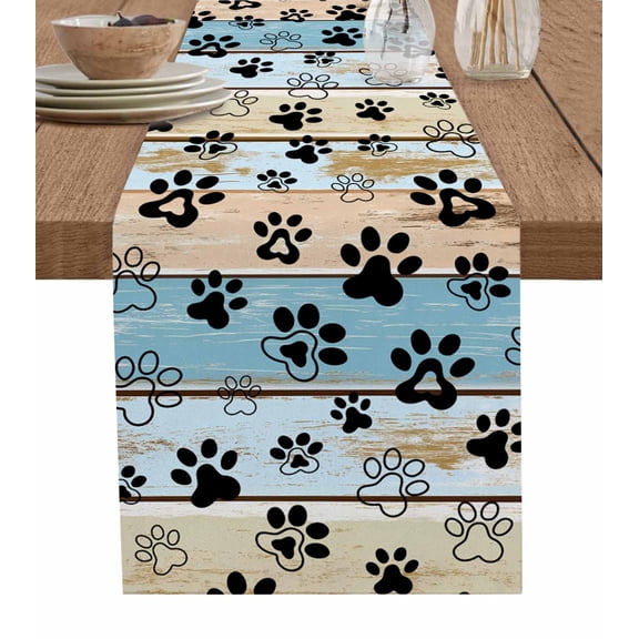 Blue Dog Paw Print Burlap Cotton Table Runner 13x60 Inches Long, Vintage Farmhouse Country Wooden Grain Farmhouse Table Runners, Outdoor Dining Tablecloths Decor for Baby Shower/Party/Wedding