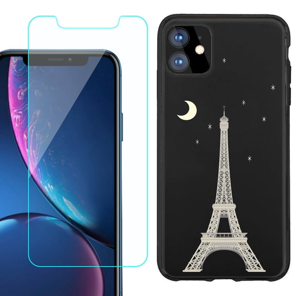 For Apple iPhone 11 Phone Case , Slim-Fit TPU Protective Case (Black), with Tempered Glass Screen Protector, by OneToughShield ® - Eiffel Tower Moon