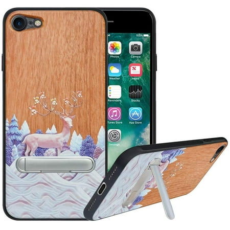 Labanema Apple iPhone 7 /iPhone 8 Case, Apple iPhone 7 /iPhone 8 Cover with Metal Kickstand, Natural Wood TPU Cover, Anti Scratch Case for Apple iPhone 7 /iPhone 8 (Elk)