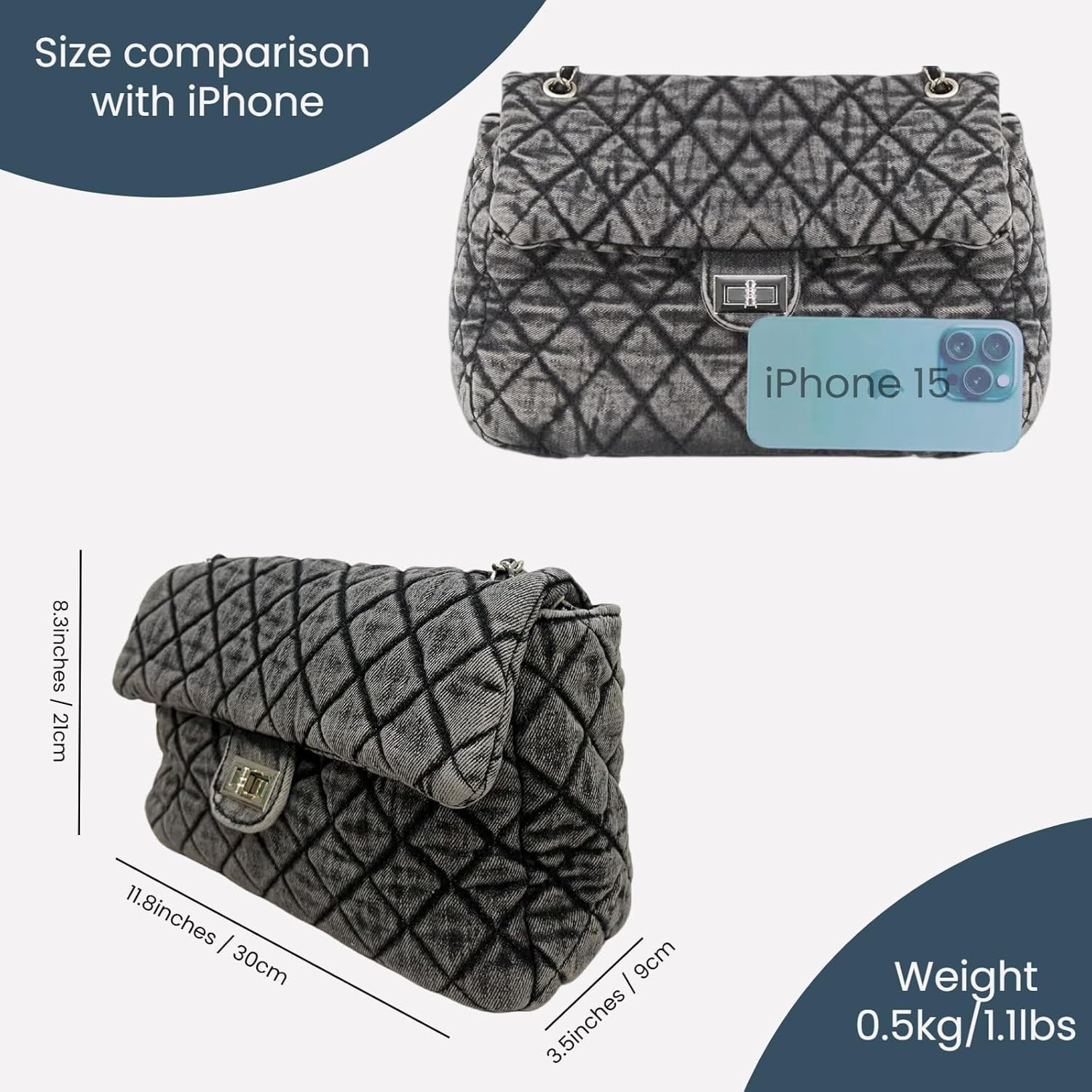 NANAHuang Retro Quilted Denim Purses for Women Crossbody Tote Bag for Womens Shoulder Bags Chain Over Washed Jeans Handbags Black Blue