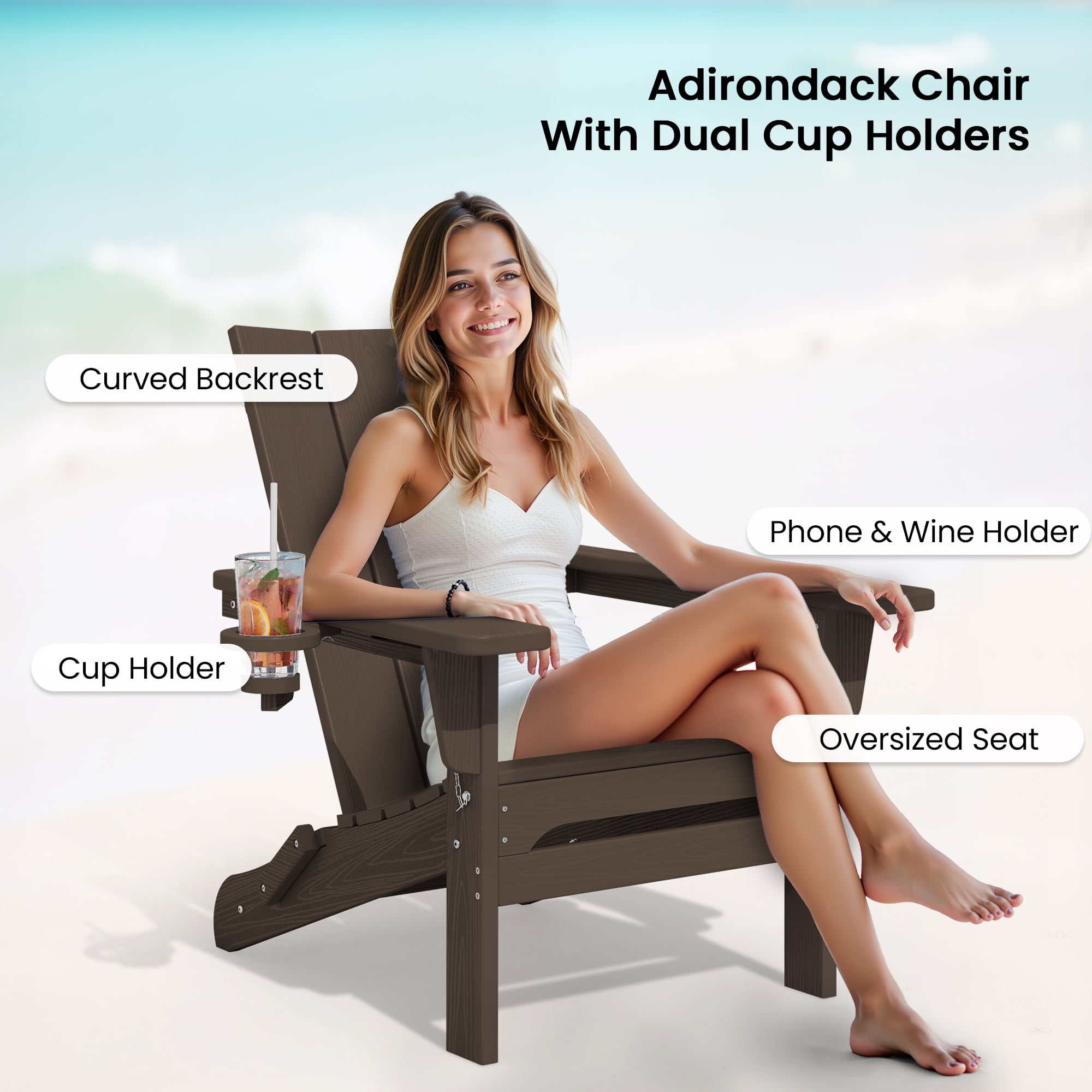 SERWALL Folding Adirondack Chair with 2 Cup Holders & Phone Slot, All-Weather Outdoor HDPE Patio Chair, Foldable Lawn Deck Chair, Dark Brown