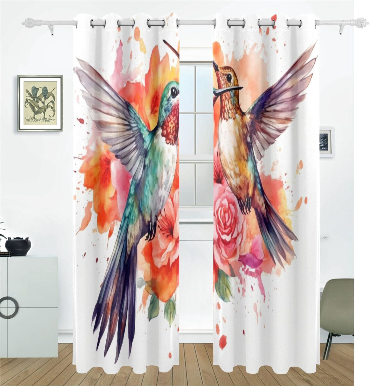 Birds Flowers Black Out Curtains 72 Inch Length Curtains for Sliding Glass Doors Bedroom Living Room 2 Pack