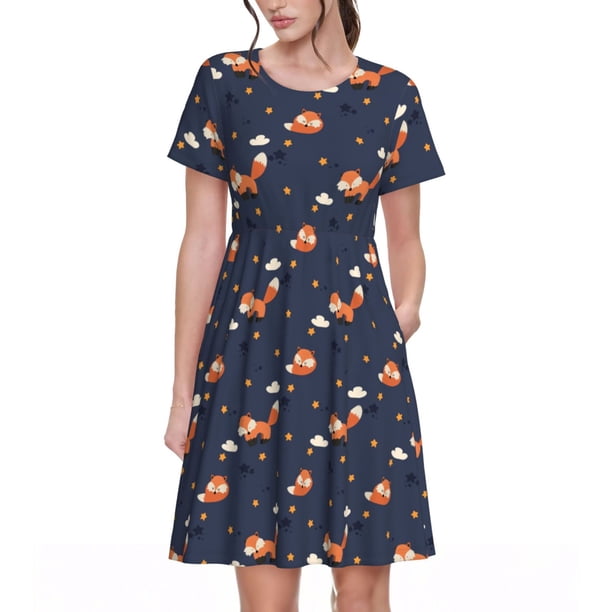 Easygdp Cartoon Fox para Vestido Transpirable de Mujer, Vestido Suelto de Manga Corta con Pliegues y Bolsillos para el Verano