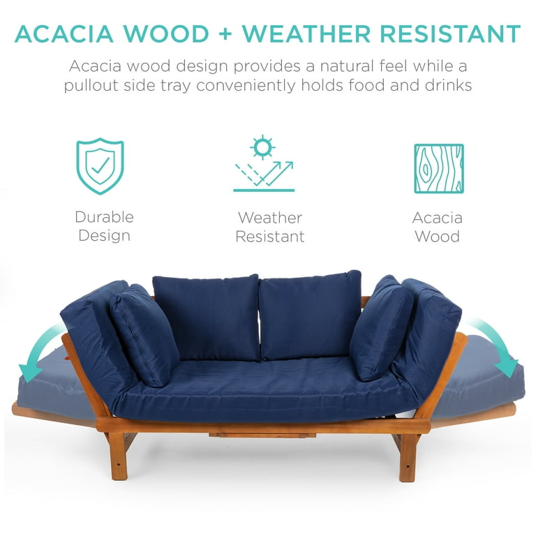 Best Choice Products Outdoor Convertible Acacia Wood Futon Sofa w Pullout Tray 4 Pillows All Weather Cushion Navy