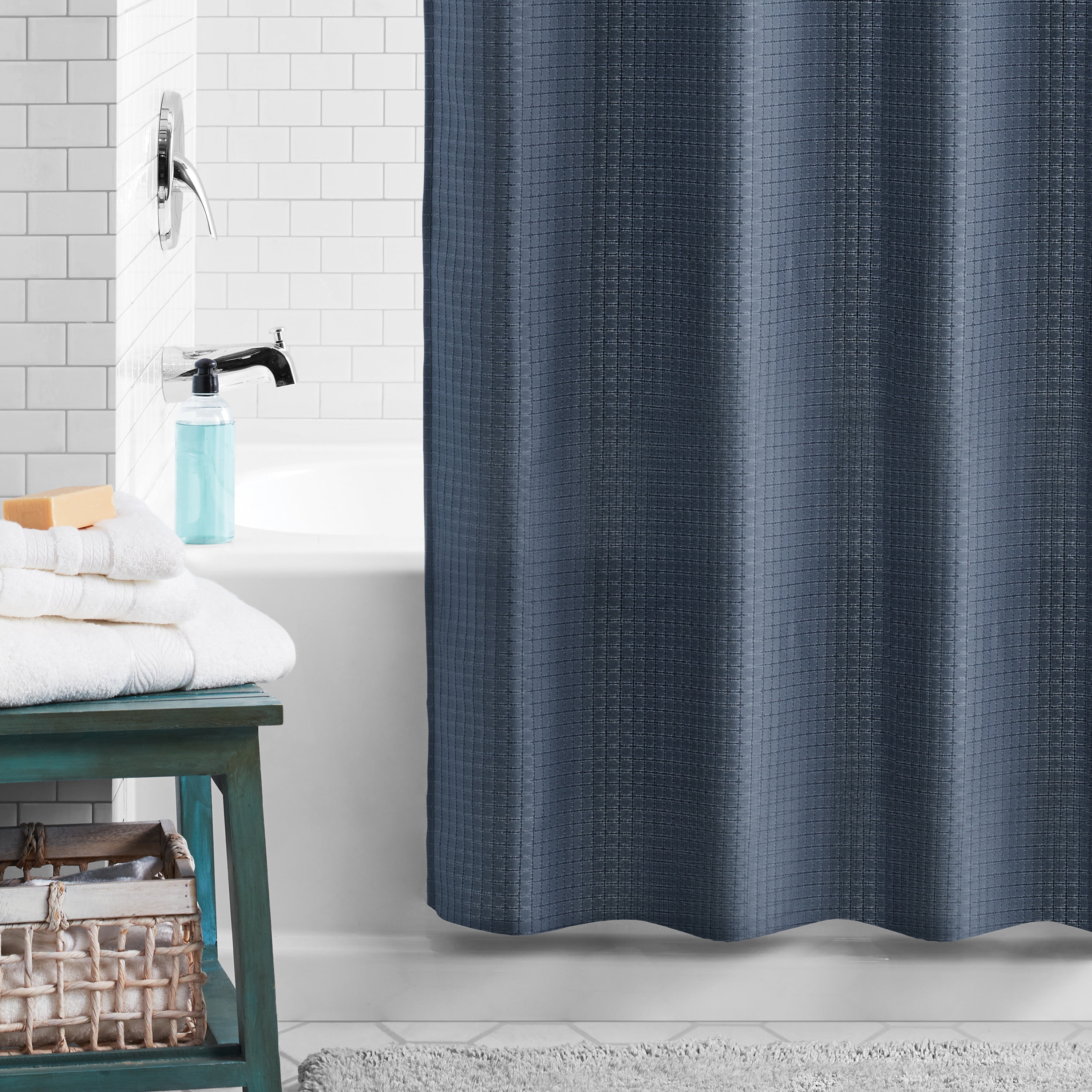 (3 pack) Mainstays Eco-Friendly Waffle-Weave Fabric Shower Curtain, Recycled Polyester, 72” x 72”, Navy Blue