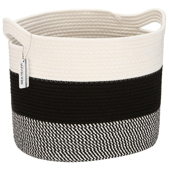 Sea Team Oval Cotton Rope Woven Storage Basket with Handles, 16 x 13 inches, White & Mottled Black