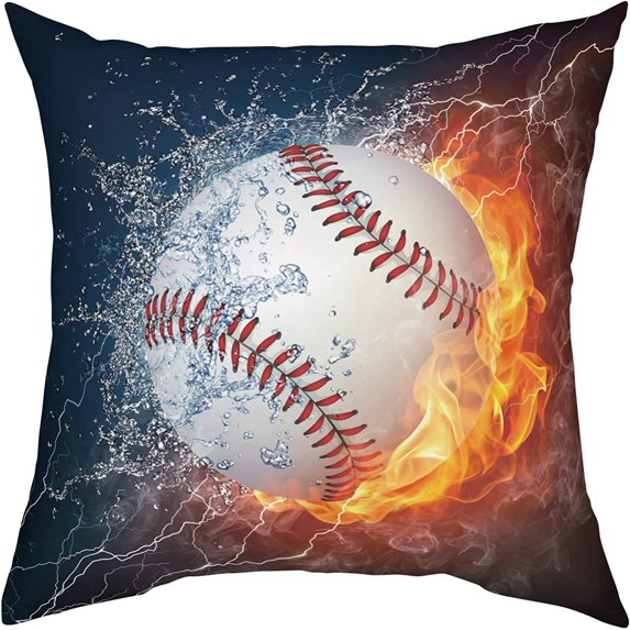 Funny 3D Baseball Throw Pillow Covers Cool Water with Fire Pattern Soft Decorative Throw Pillowcase Indoor/Outdoor Square Pillow Cover Cushion Case for Couch Sofa Kids Bedroom Car (16in x 16in)