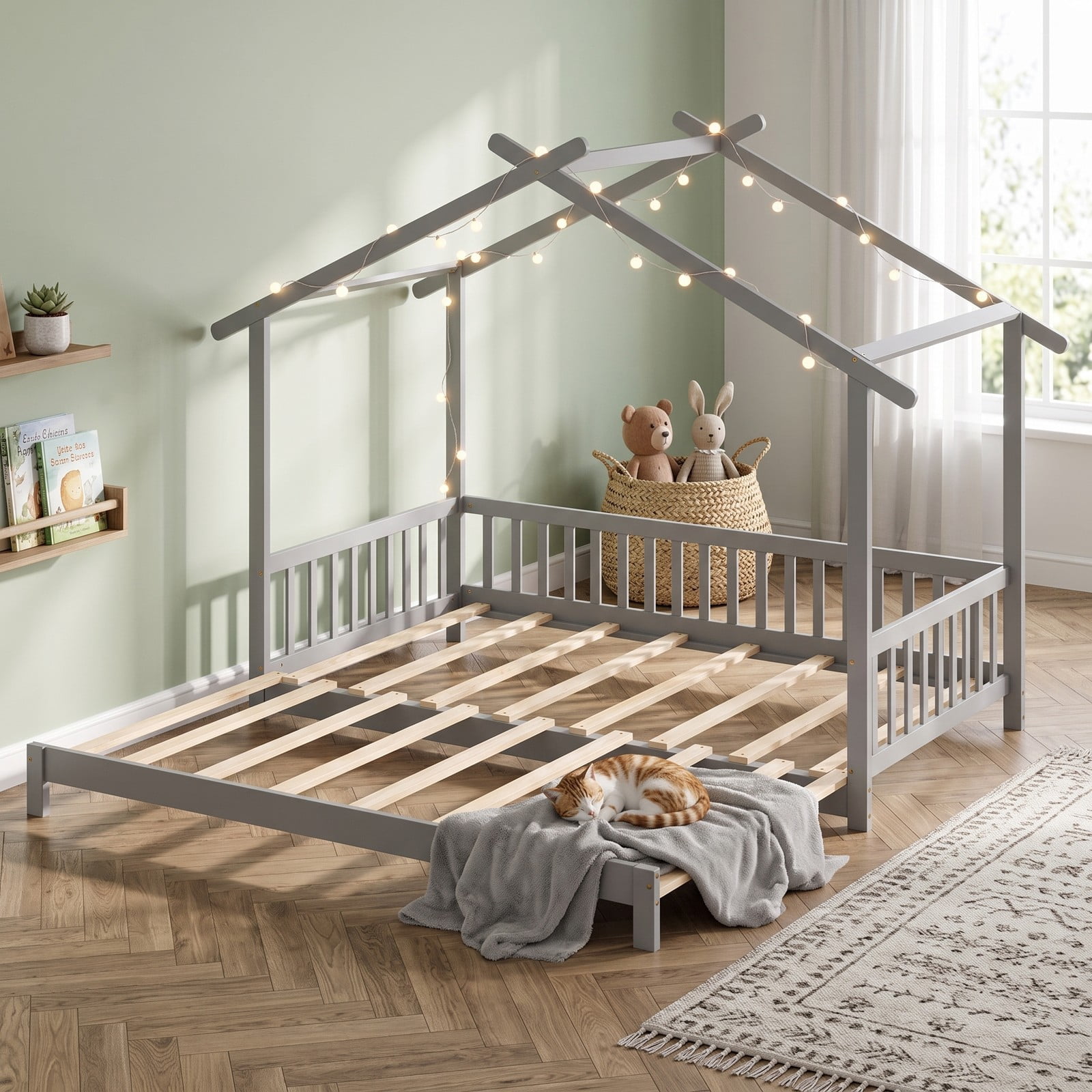 Furnibear Extendable House Bed Twin to King Size Daybed with Roof Frame and Fence Rails for Kids and Shared Bedroom, Gray