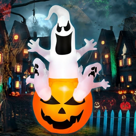 Costway 6FT Halloween Inflatable Ghost Pumpkin-Halloween Blow Up Yard Decoration