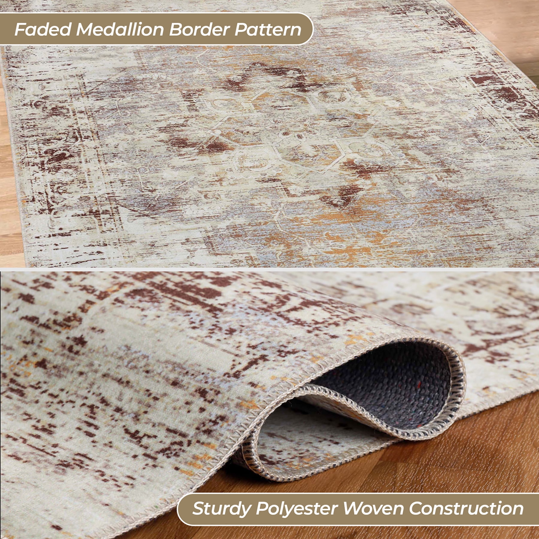 Superior Dove Rustic Washable Indoor Area Rug, 5' x 7', Cream