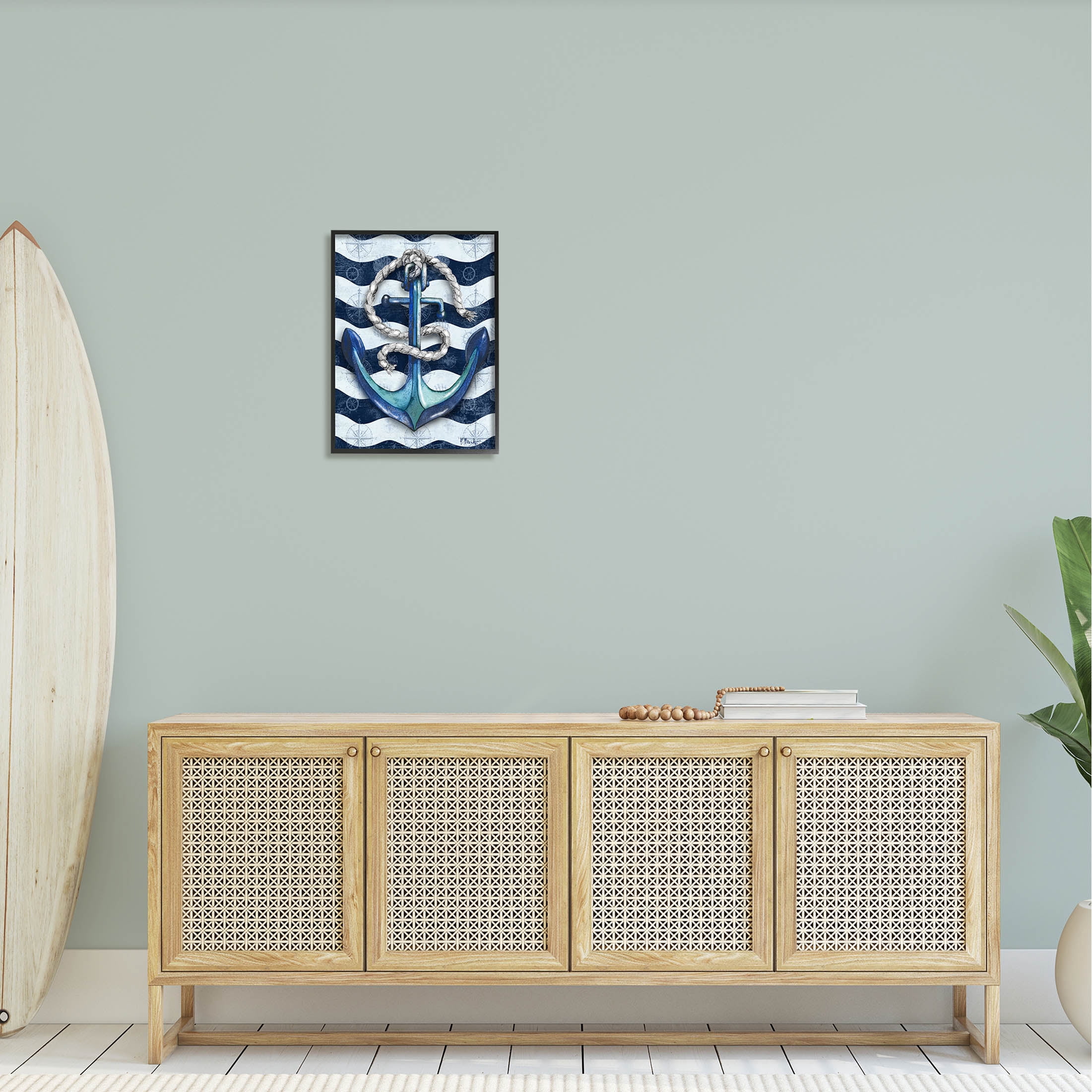 Stupell Industries Nautical Anchor Wavy Navy Stripes Graphic Art Black Framed Art Print Wall Art, Design by Paul Brent