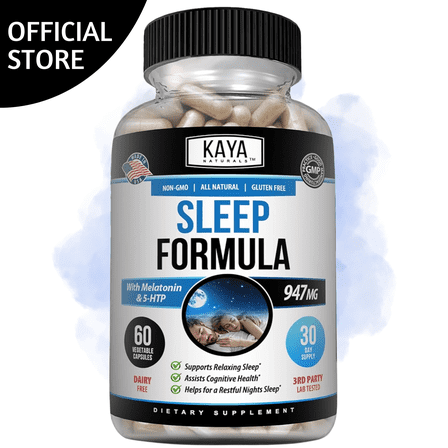 Kaya Naturals - Sleep Support Formula with Melatonin - Aid Support Vitamin Supplement - Sleep Stress and Mood Support - L-Tryptophan, Passion Flower, Ashwagandha and More - 60 Capsules (60 Count)