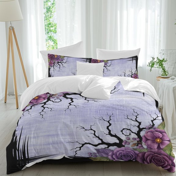 Halloween Bedding Duvet Cover Set Twin Size 4 Pieces, Dark Romantic Purple Rose Bouquet Goth Tree Border Bedding Set with Zipper Closure, 1 Comforter Cover 68x90 Inches 1 Flat Sheet & 2 Pillow Cases