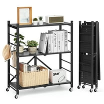 VEVOR 3-Tier Foldable Storage Shelf, 30W x 13D x 36H Inch Folding Metal Rack Shelving Unit, No Assembly Organizer Shelf with 5 Wheels & 4 Hooks for Pantry, Kitchen, Garage, Basement, Black