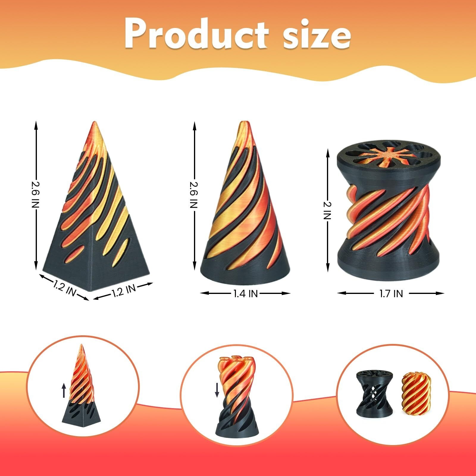 3PCS Impossible Cone,3D Printed Spiral Cone Fidget Impossible Pyramid Passthrough Sculpture,Stress Relieving Stocking Filler White Elephant Gifts