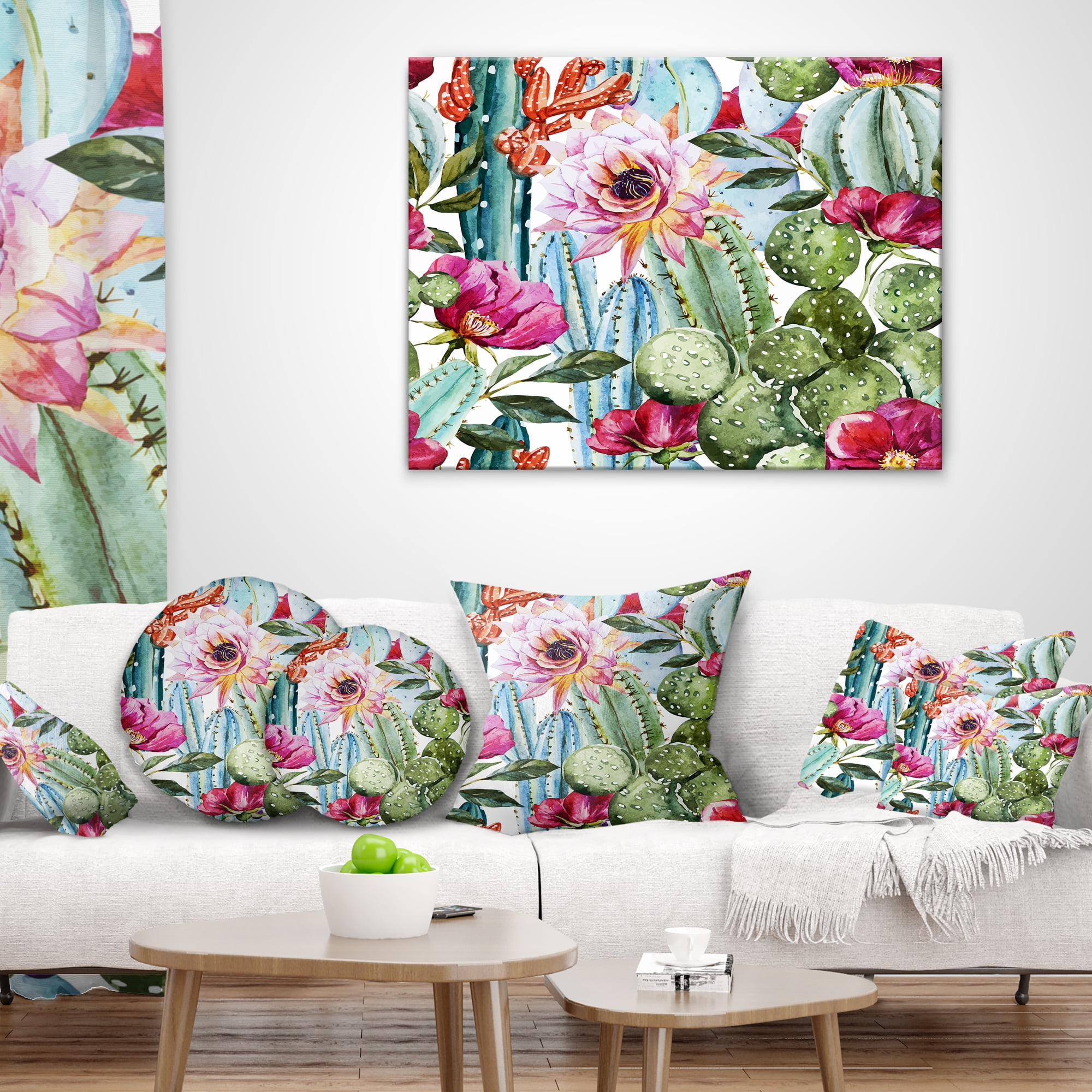 Designart Cactus Pattern Watercolor - Floral Throw Pillow - 18x18