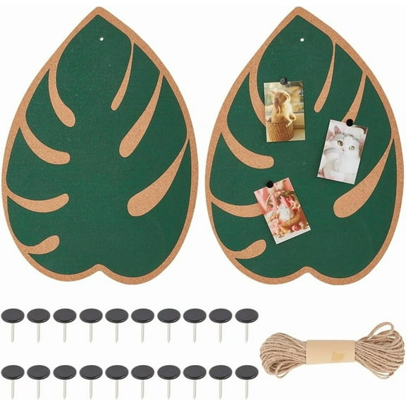 2pcs Monstera Leaf Cork Bulletin Board 16.5 x11.8 Inch Decorative Cork Bulletin Boards Plant Memo Pin Board Hanging Pin Boards with Rope and Pin for Office Home Kitchen Wall Decoration