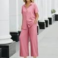 thumbnail image 6 of UVEASISHA Linen 2 Piece Sets for Women Short Sleeve Lapel Button Down Shirts and Wide Leg Pants Summer Casual Beach Vacation Outfits Pink L, 6 of 8