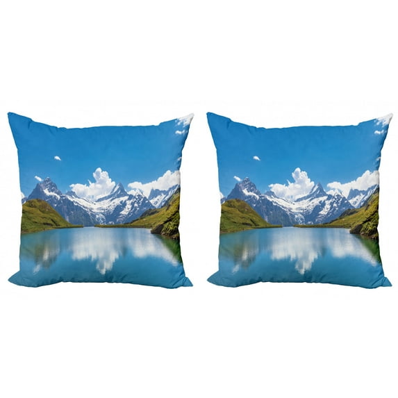 Ambesonne Winter Throw Pillow Cover 2 Pack, Snow Frozen Lake Swiss, 18", Blue Green White