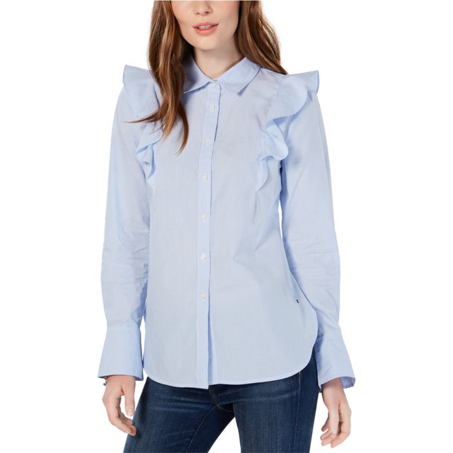 Tommy Hilfiger Blusa con botones y volantes a rayas para mujer, azul, grande