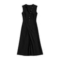 thumbnail image 3 of Ohufall Womens Dress Cotton Linen Sleeveless V Neck Maxi Dress Button Split Flowy Fashion Summer Sundress, 3 of 4
