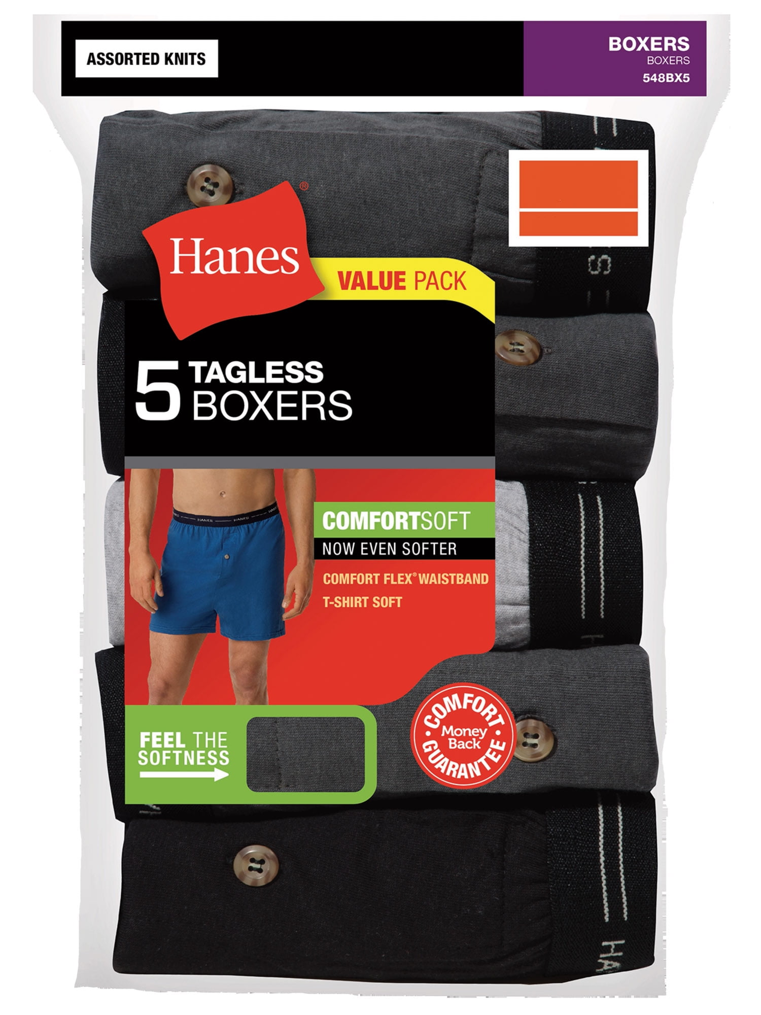 HanesBig Men's Comfort Flex Waistband Knit Boxer 5-Pack, 2XL