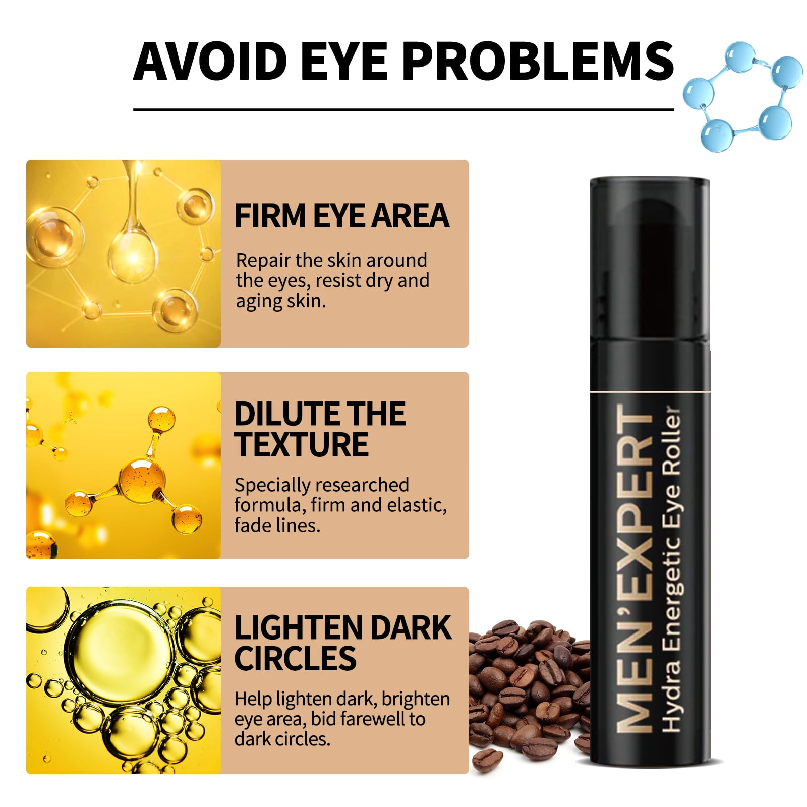 Alvantor Men’s Hydrating Eye Roller Cream with Hyaluronic Acid for Dark Circles, Puffiness, Fine Lines, 0.34 fl. oz