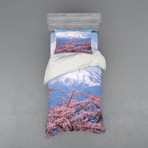 Mountain Duvet Cover Set, Pink Tones Cherry Blossom Tree Huge Mountain, Bedding Set with Shams and Fitted Sheet, 3 Sizes, by Ambesonne