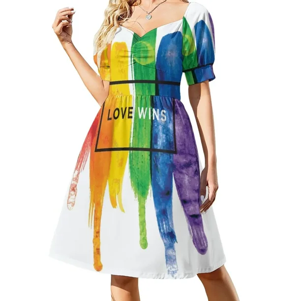 Vestido tipográfico con mangas recortadas, elegantes vestidos sueltos para mujer, vestidos de verano, con acuarela LGBT Love Wins Paint