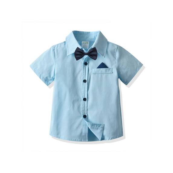 Qmyliery Breathable Summer Little Boys Shirt, Creative Striped/Plaid Short Sleeve Lapel Single-breasted Bow Tie Top Casual Clothes