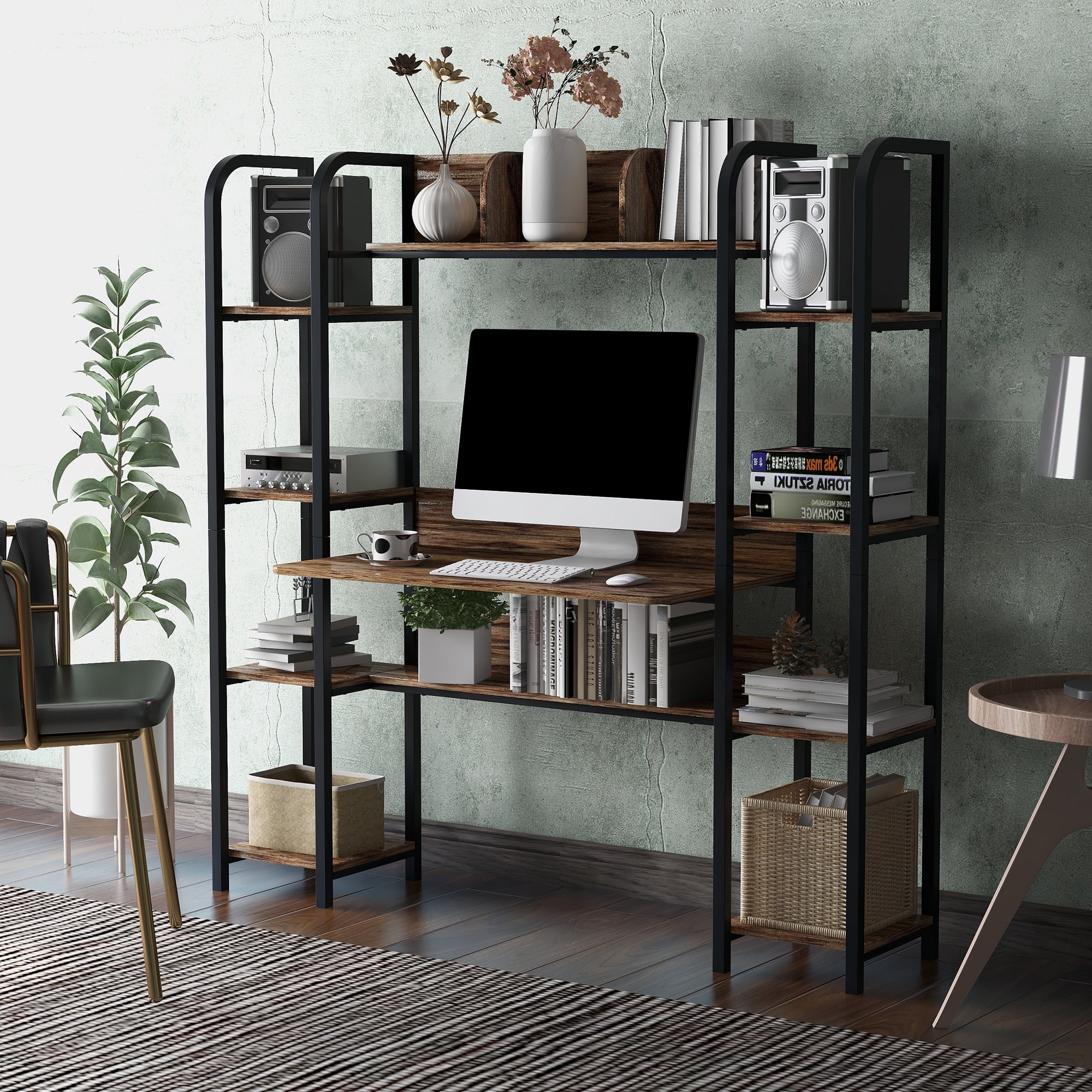 Kepooman Modern Metal Computer Desk with Storage Hutch & Double Bookcase for Home Office, 63"L x 19.9"W x 59.4"H, Brown Kepooman Modern Metal Computer Desk with Storage Hutch & Double Bookcase for Home Office, 63"L x 19.9"W x 59.4"H, Brown