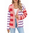 thumbnail image 2 of Womens Striped Cardigan Sweaters V Neck Open Front Button Up Color Block Fuzzy Loose Knit Coats Pink XL, 2 of 8