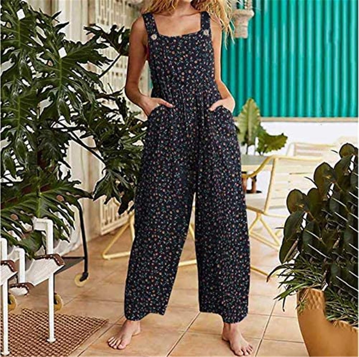 Women Boho Suspender Overall Loose Wide 