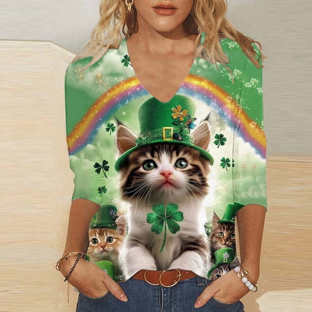 TaTaai Women St. Patrick's Day Print Loose V-Neck 3/4 Sleeve Top Casual Fashion T-Shirt Ladies Spring Daily Holiday Wear Lightweight Breathable Non-See-Through No Fading Stylish Top Gift