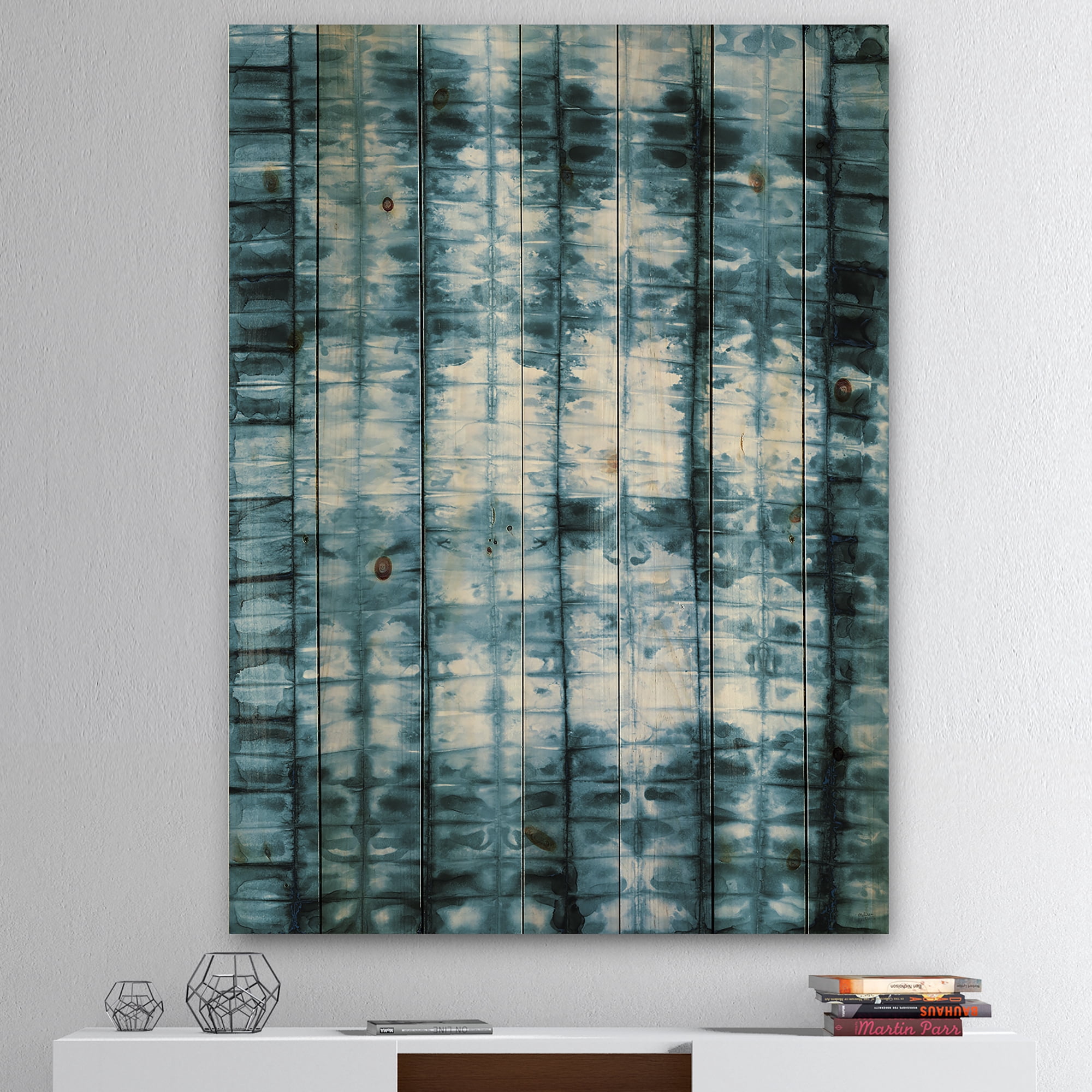 Designart 'Geometrical Watercolor Indigo IV' Contemporary Print on Natural Pine Wood