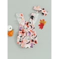 thumbnail image 4 of Wassery Newborn Girl Summer Outfit Infant Baby Halloween Clothes Sleeveless Square Neck Pumpkin Skull Print Lace Patchwork Romper with Hairband 0-18 Months, 4 of 8
