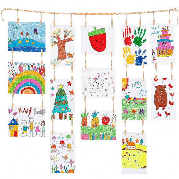 Zeokiar Kids Art Display Wall Decor, Wooden Beads Garland Frame Holder with 34 Clips for Kids Artwork, Photo, Wall Hanging Boho Room Bedroom Decor