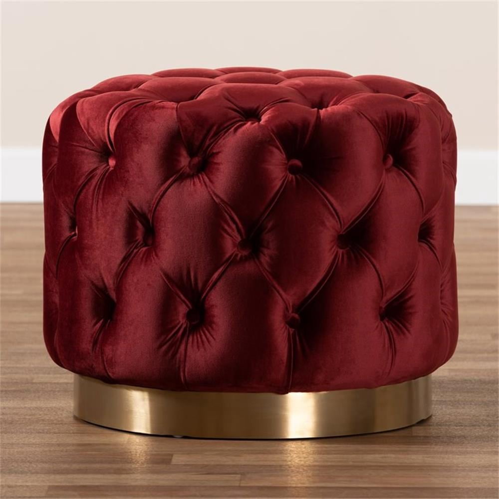 Valeria Glam Burgundy Red Velvet Fabric Upholstered Gold-Finished Button Tufted Ottoman
