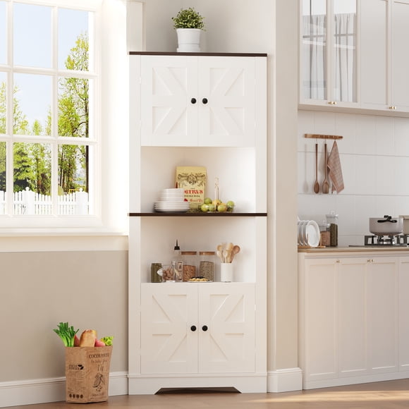 6 Tier Farmhouse Modern Corner Storage Cabinet with 4 Doors and Shelf, Narrow Floor Organizer for Bathroom, Pantry, Living Room, Kitchen