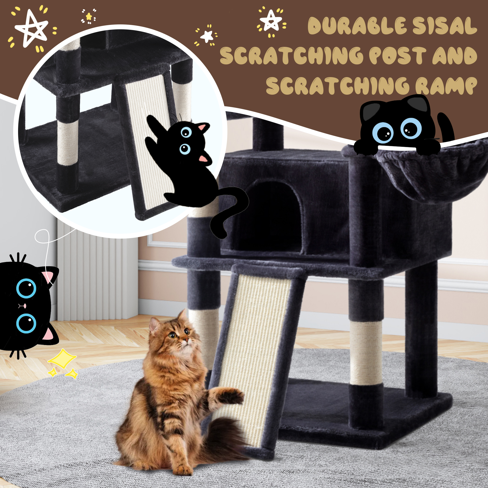 Amolife 81" Large Cat Tree Tower with Hammock and Ramps, Blue photo 4