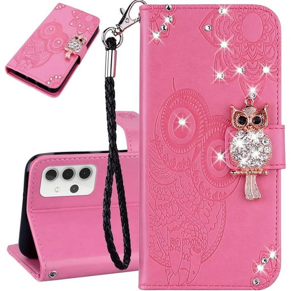 Phone Case for Samsung Galaxy A15 5G, Galaxy A15 5G Wallet Case Leather Glitter Stylish Crystal Owl with Wrist Strap Kickstand Magnetic for Women Case for Samsung Galaxy A15 5G Pink YK