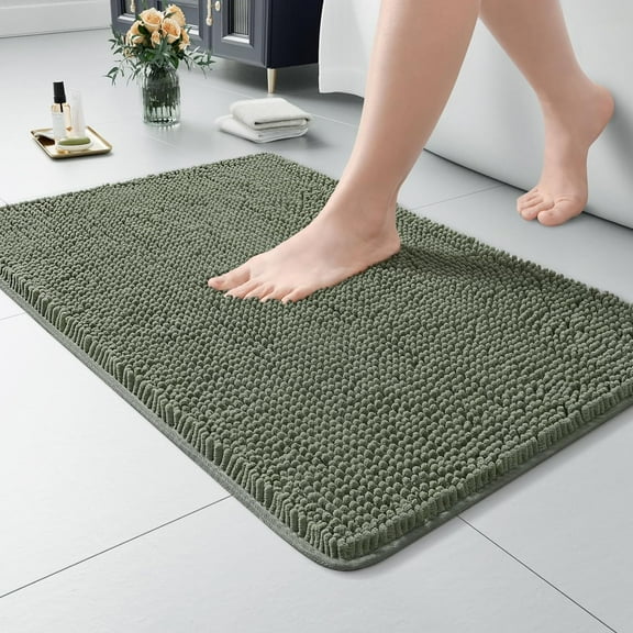 Luxury Bathroom Rug Shaggy Bath Mat 20 x 30 Inch, Washable Non Slip Bath Rugs for Bathroom Shower, Soft Plush Chenille Absorbent Carpets Mats, Sage Green