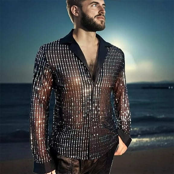 tasrioml Men's Sequin Glitter Shirt Long Sleeve Lapel Button Down Disco Shirt Retro Sexy Thin Shirts for Bar Dancing Night Club Disco Party
