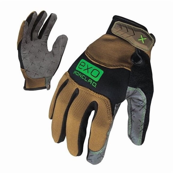EXO Mechanics Gloves, Synthetic Leather Palm, Polyester Back, M, Green/Tan