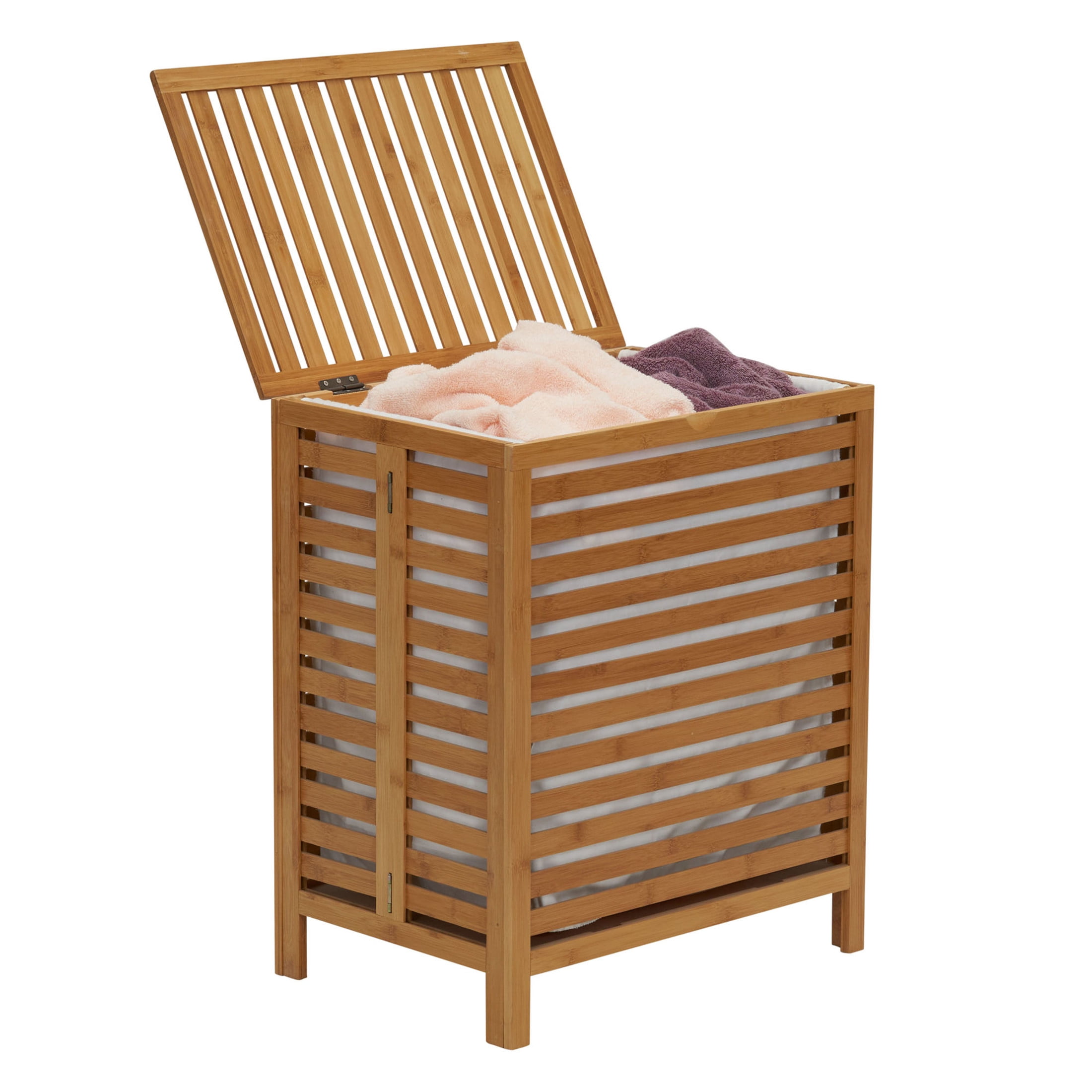 Household Essentials Bamboo Laundry Hamper, Slated Hamper with Natural Cotton Bag, Removable Bag and Foldable Frame, Chic and Environmentally Friendly