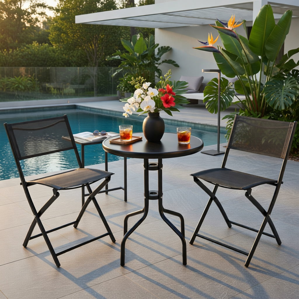 Hommoo 3-Piece Metal Folding Bistro Set, Round Tempered Glass Table + 2 Ergonomic Foldable Chairs for Patio, Garden & Indoor Use, Black