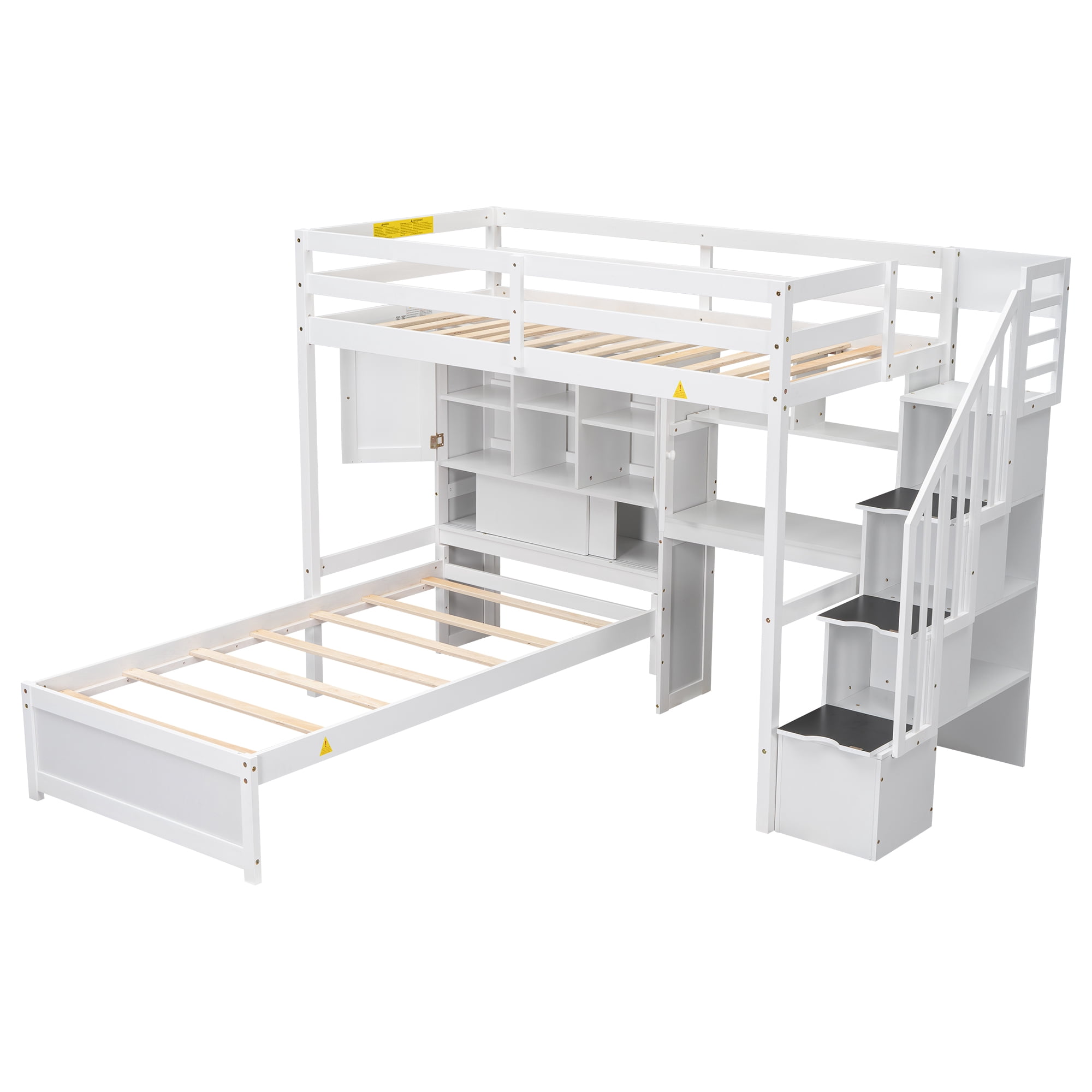 EUROCO Twin over Twin Bunk Bed with Desk and Shleves, Bookcase and Staircase for Kids Teens, White