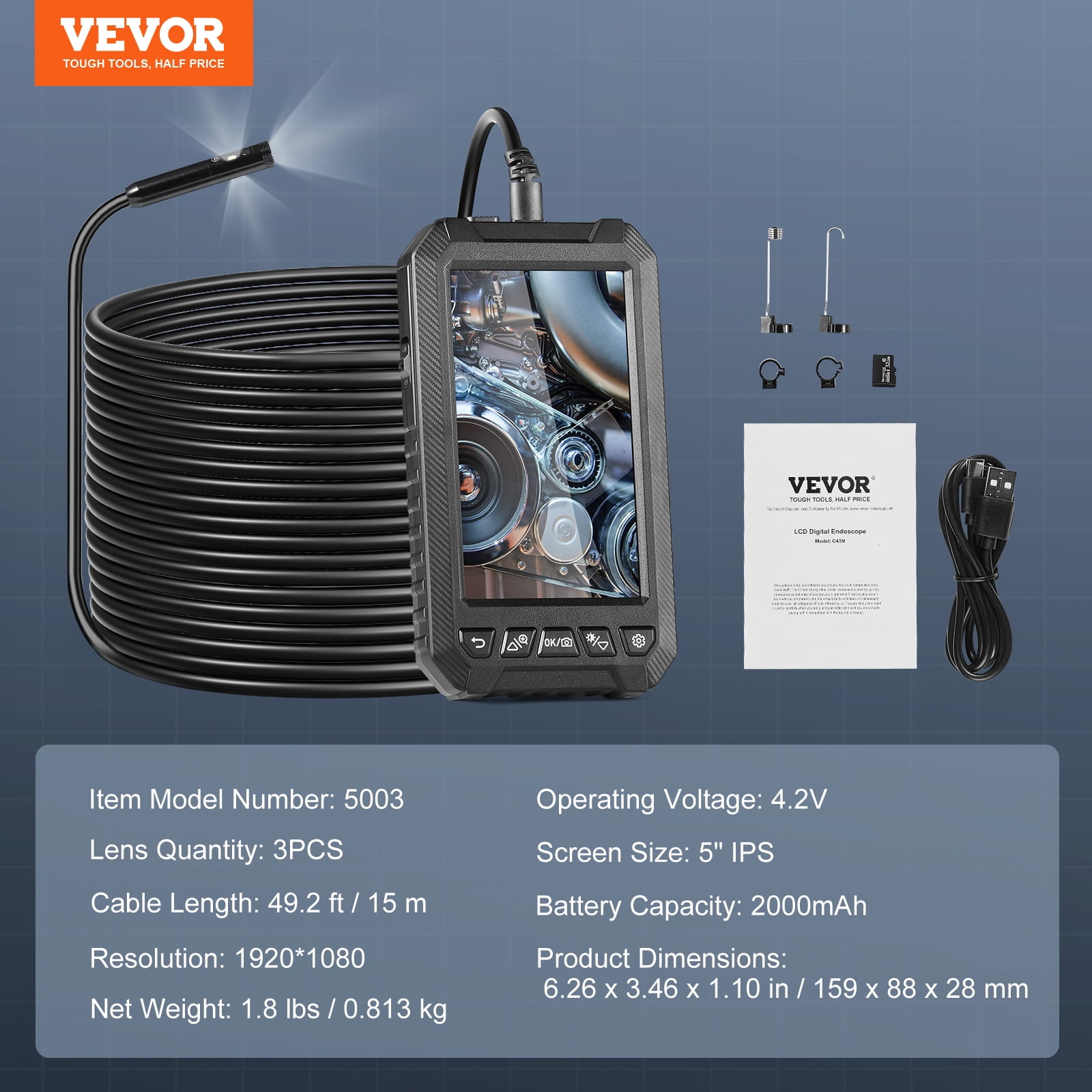 VEVOR Endoscope Camera with Light,Triple Lens Borescope with 49.2FT Semi-Rigid Cable, 5" Screen 1080P Inspection Camera, 8 + 2 LED Lights, IP67 Waterproof Snake Camera for Auto, Plumbing (32GB Card)