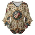 thumbnail image 5 of Floral Pattern Tapestry Women's V-Neck Blouse With 3/4 Ruffled Bell Sleeves Casual Top Ladies Blouses, 5 of 7